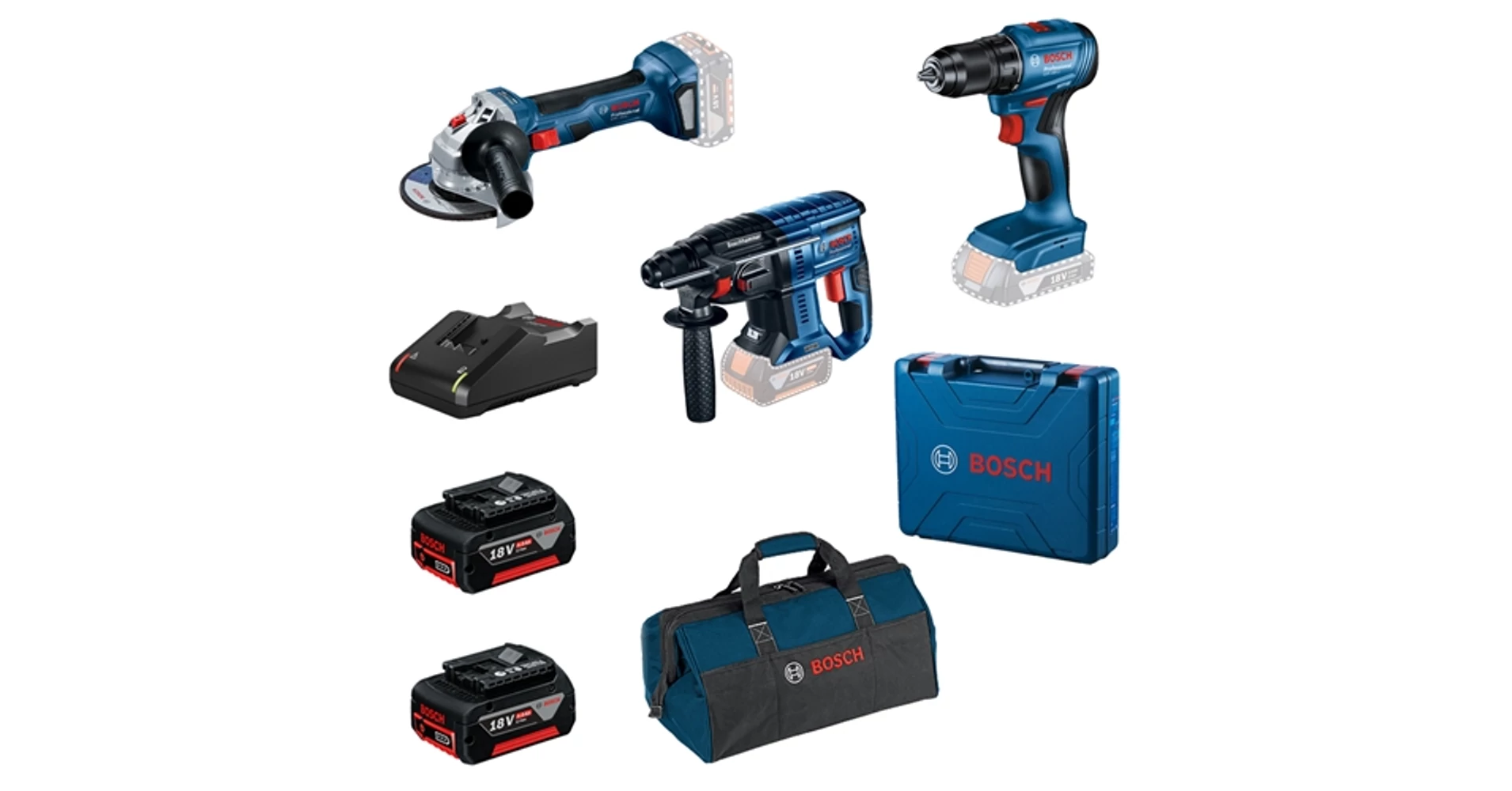 Bosch GSR 185-LI fúrócsavarozó + GWS 180-LI sarokcsiszoló + GBH 180-LI ...
