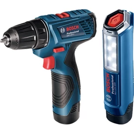 Bosch GSR 120-LI akkus fúró-csavarbehajtó 2x2.0Ah koffer + GLI 12V-300 akkus lámpa