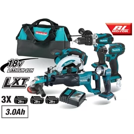 Makita DLX6046 18V LXT Li-ion BL gépszett DGA452+DHP458+DSS610+DJR186+DTD152+DML802 T 3x3.0Ah+táska+DC18RC töltő