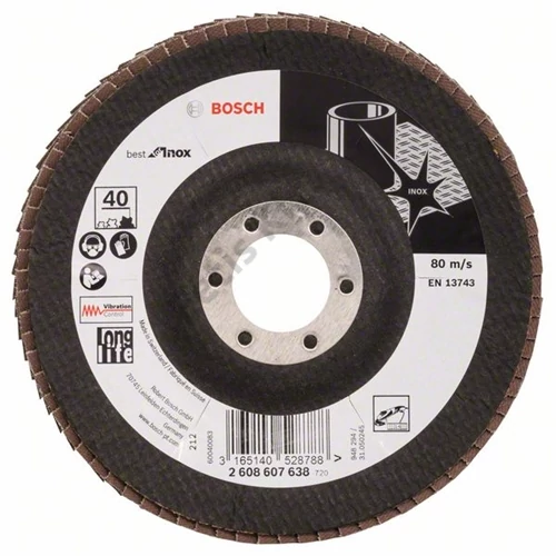 Bosch lamellás tárcsa 125x22.23 mm P40 inoxhoz Zirkon X581 kúpos üvegszál