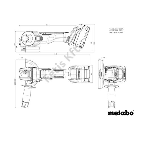 Metabo W 18 L BL 9-125 akkus sarokcsiszoló alapgép (akku és töltő nélkül), karton, clip + Ajándék 3db vágókorong + védőburkolat
