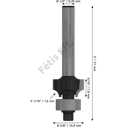 Bosch PRO alakmaróbetét, lekerekítő, R 1/16?, szár 1/4?