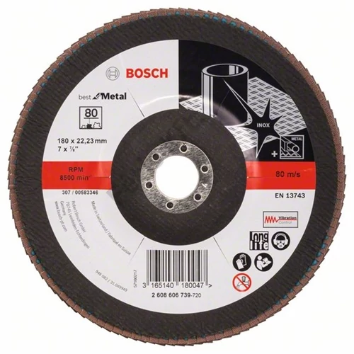 Bosch lamellás tárcsa 180x22.23 mm P80 fémhez Zirkon X571 kúpos üvegszál