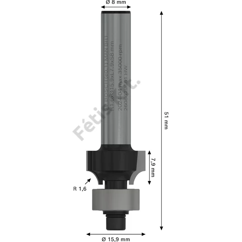 Bosch PRO alakmaróbetét, lekerekítő, R 1,6, szár 8 mm