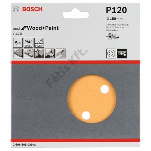 Bosch Expert C470 tépőzáras csiszolópapír, fához&festékhez, 5 db 150 mm, P120
