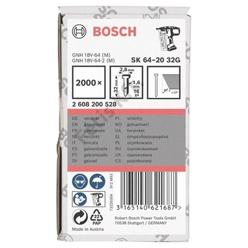 Bosch Süllyesztettfejű szeg SK64-20 32G, 2000 db