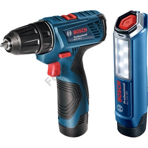 Bosch GSR 120-LI akkus fúró-csavarbehajtó 2x2.0Ah koffer + GLI 12V-300 akkus lámpa