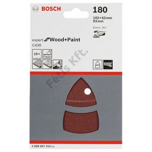 Bosch C430 tépőzáras csiszolópapír delta, fához&festékhez, 10 db 102x62 mm, 93 mm, P180, 11 lyuk