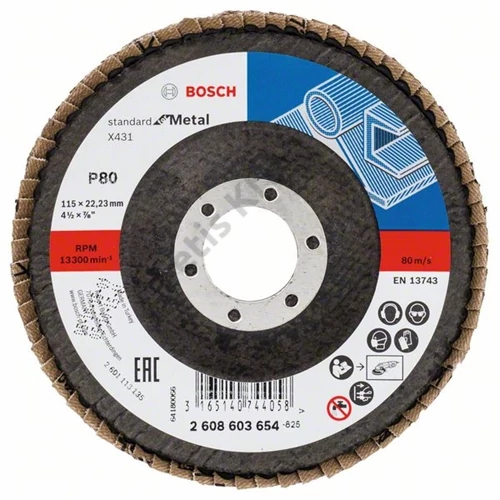 Bosch lamellás tárcsa 115x22.23 mm P80 fémhez Alox X431 kúpos üvegszál