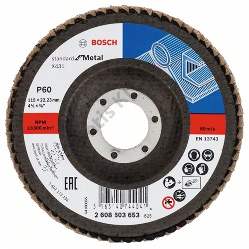 Bosch lamellás tárcsa 115x22.23 mm P60 fémhez Alox X431 kúpos üvegszál