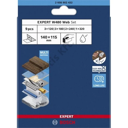 Bosch EXPERT W480 Web 1/4 kézi csiszolólapkészlet, 115 x 140 mm, G120 (3x) G180 (3x) G240 (2x) G320 (1x), 9 részes