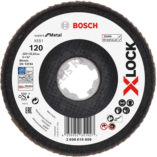 Bosch legyezőtárcsa 125x22.23 mm P120 fémhez X551 hajlított X-Lock