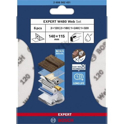 Bosch EXPERT W480 Web 1/4 kézi csiszolólapkészlet, 115 x 140 mm, G120 (2x) G180 (2x) G240 (1x) G320 (1x), 6 részes